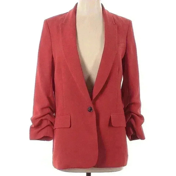 Veronica Beard Draped Graham Dickey Blazer Long Jacket 6 Red Ruched 3/4 Sleeves - Picture 8 of 10